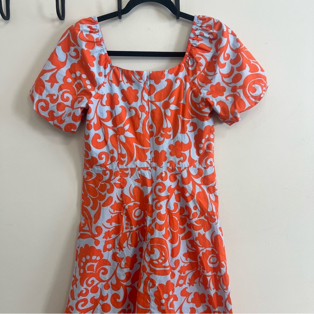 Talbots Orange Floral Puff Sleeve Poplin Midi Dress Spring Cotton Resortwear - Picture 9 of 10